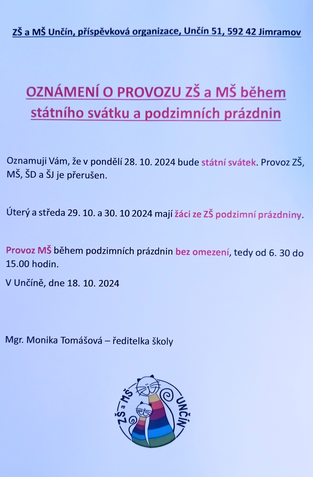 Oznámení o provozu školy během podzimních prázdnin